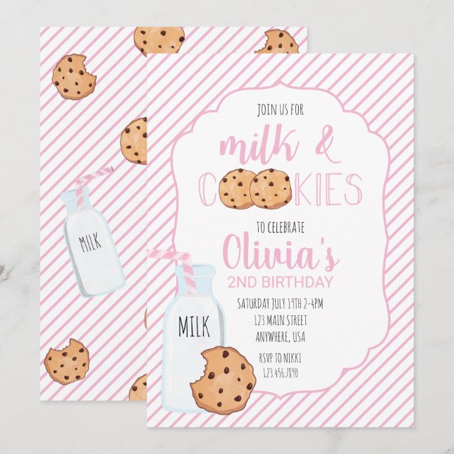 Convite de Aniversário Rosa Leite e Biscoitos para (Frente/Verso)