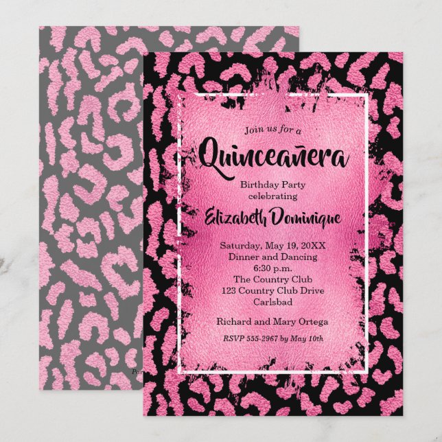 Convite de aniversário Rosa Leopardo Quinceañera (Frente/Verso)