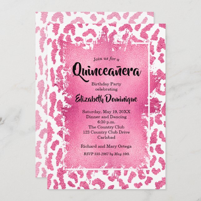 Convite de aniversário Rosa Leopardo Quinceañera (Frente/Verso)