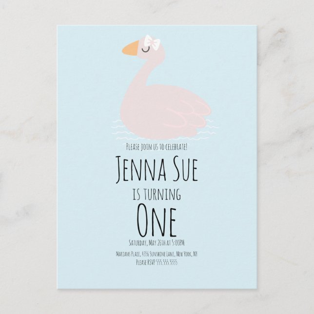 Convite de Aniversário Rosa Meninas Cisnes Fofos (Frente)