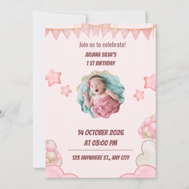 Convite de Aniversário Rosa para Crianças (Frente)