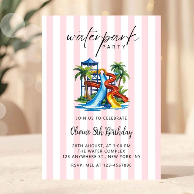 Convite de Aniversário Rosa para Meninas para Parq (pink waterpark invitation, girls pool party invite, summer birthday invitation girl, elegant kids bi)