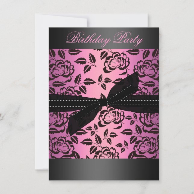 Convite de Aniversário Rosa Preto/Rosa Quente & La (Frente)