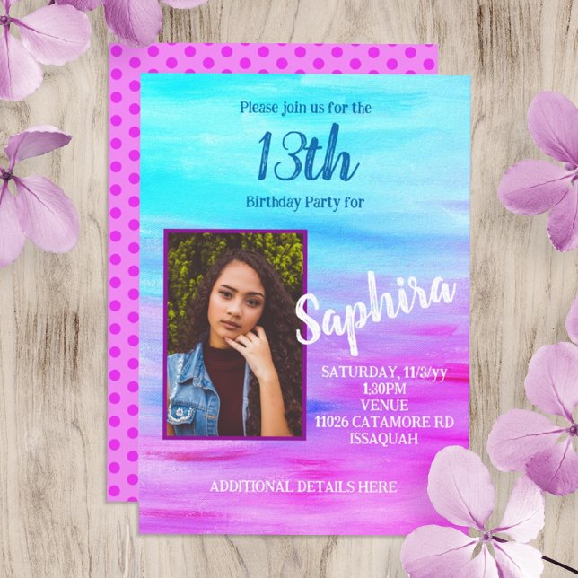 Convite de Aniversário Rosa Quente Brilhante Turqu (hot pink magenta, turquoise young woman, teen birthday party invite, 13th birthday, photo card)