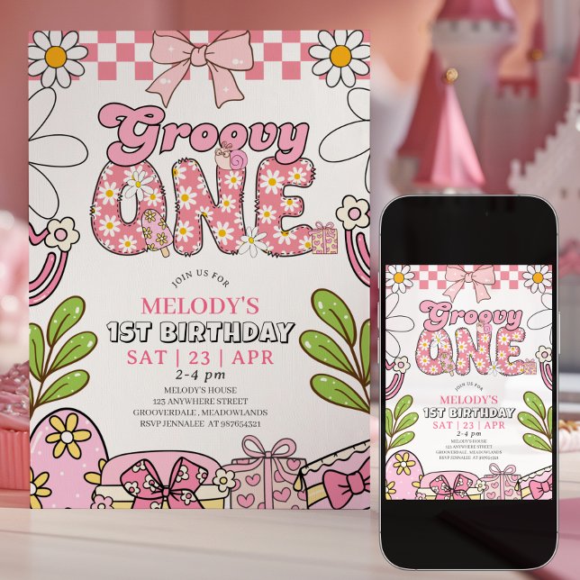 Convite de Aniversário Rosa Retrô para 1º Aniversá (Criador carregado)