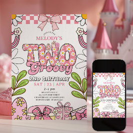 Convite de Aniversário Rosa Retrô para 2º Aniversá
