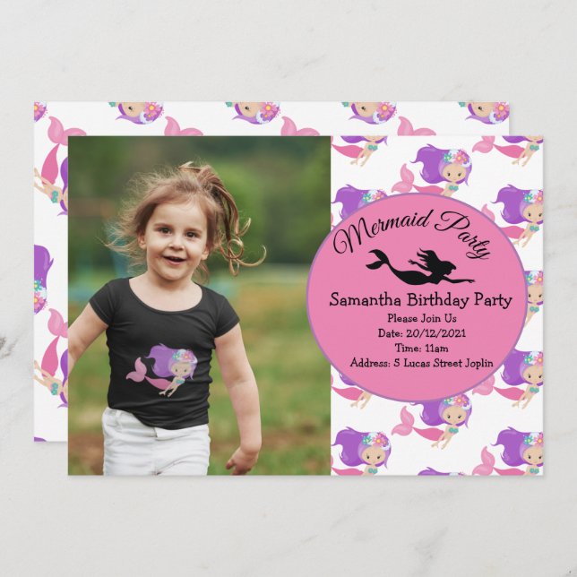 Convite de aniversário Rosa Sereia (Frente/Verso)