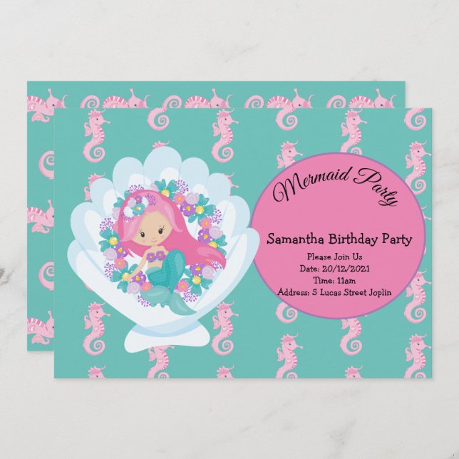 Convite de aniversário Rosa Sereia (Frente/Verso)