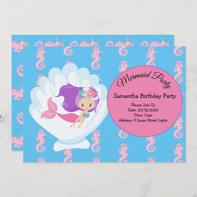 Convite de aniversário Rosa Sereia (Frente/Verso)