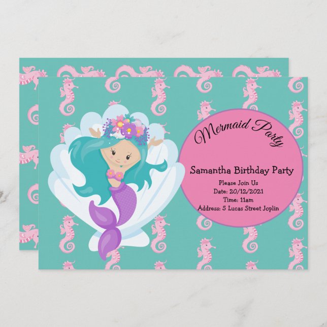 Convite de aniversário Rosa Sereia (Frente/Verso)
