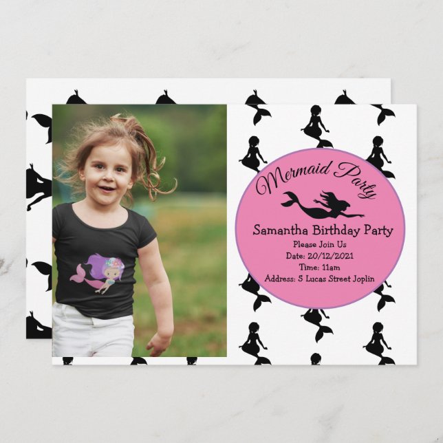 Convite de aniversário Rosa Sereia (Frente/Verso)