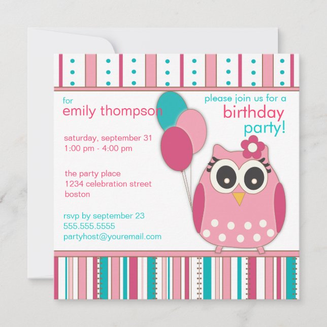 Convite de aniversário Rosa Turquesa Girly Owl (Frente)