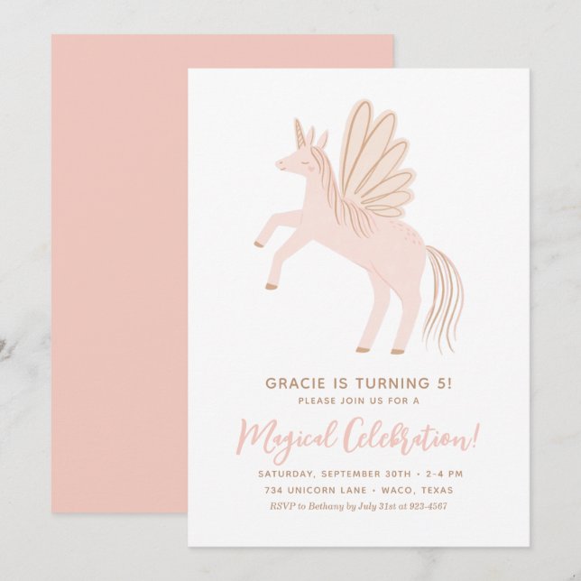 Convite de aniversário Rosa Unicorn Girl (Frente/Verso)