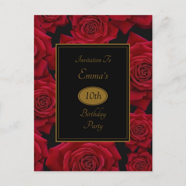 Convite de Aniversário Rosa Vermelha Elegante (Frente)