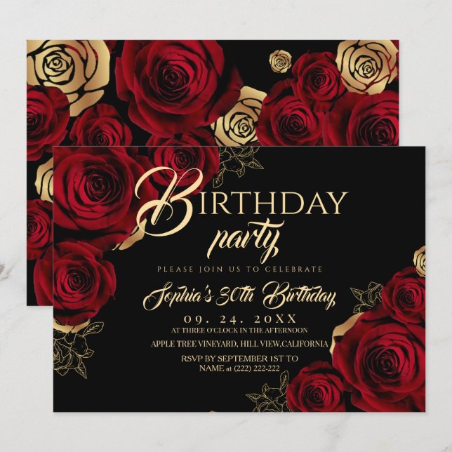 Convite de Aniversário Rosas Pretas e Vermelhas (Frente/Verso)