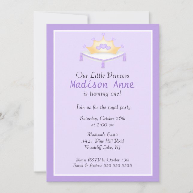 Convite de aniversário roxo da princesa Coroa (Frente)
