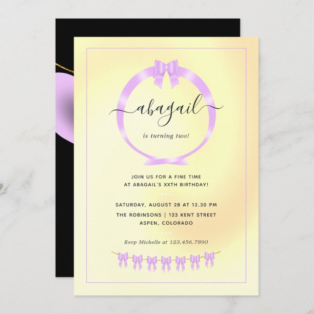 Convite de aniversário roxo e Dourado (Frente/Verso)