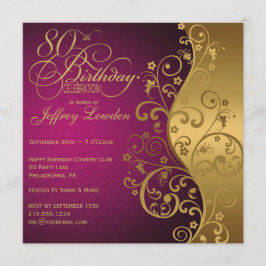 Convite de aniversário roxo e Dourado do 80