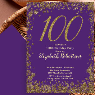 Convite de Aniversário Roxo Elegante de 100 anos D