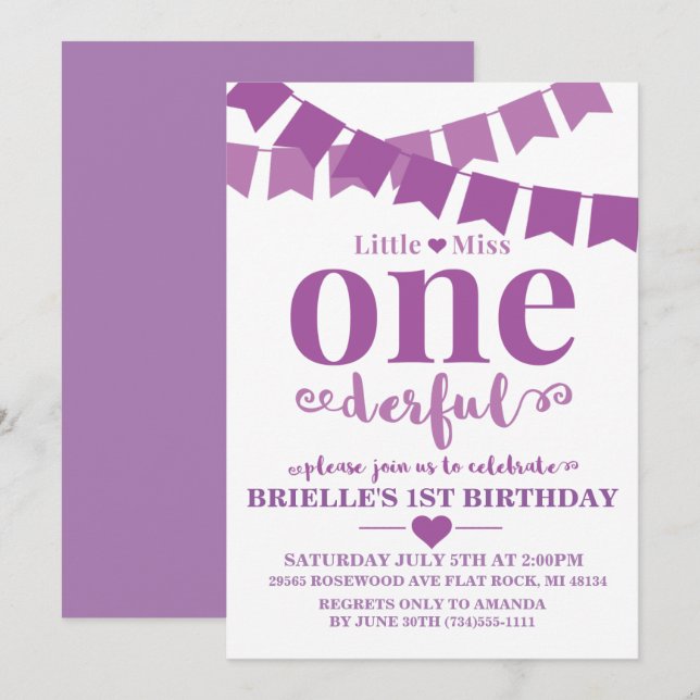 Convite de Aniversário Roxo Little Miss Onederful (Frente/Verso)