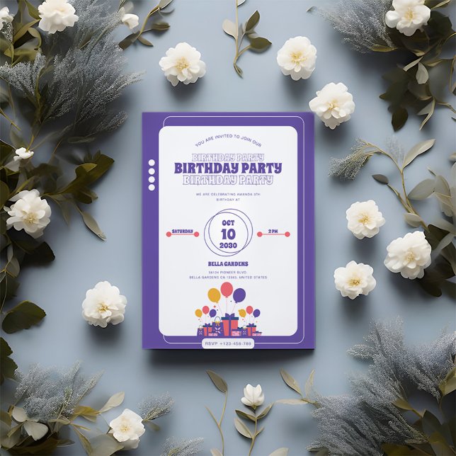 Convite de Aniversário Roxo Minimalista (Criador carregado)