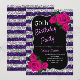 Convite de Aniversário Roxo Prata Listras Brilho R