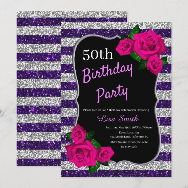 Convite de Aniversário Roxo Prata Listras Brilho R (Frente/Verso)