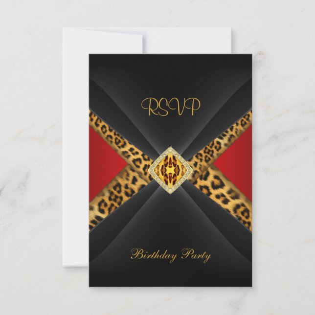 Convite de Aniversário RSVP Jóia Leopardo Preto Do (Frente)