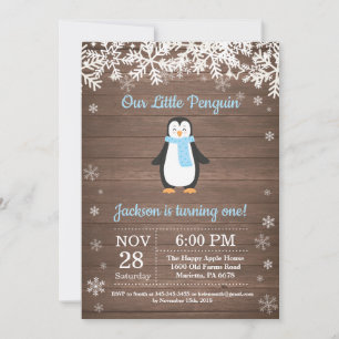 Convite de Aniversário Rustic Penguin Winter Boy