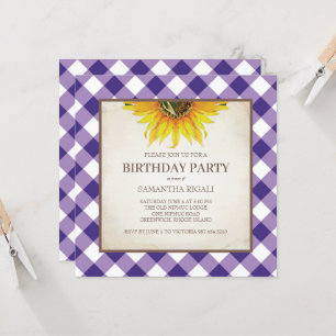 Convite de Aniversário Rustic Purple Gingham