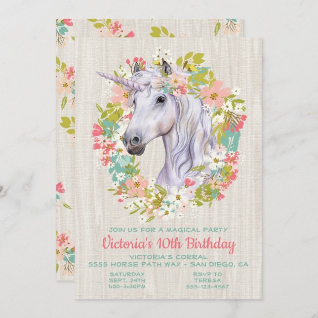 Convite de aniversário Rustic Wreath Unicorn (Frente/Verso)