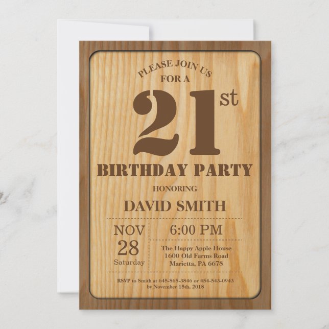 Convite de Aniversário Rústico de 21 Anos Madeira  (Frente)