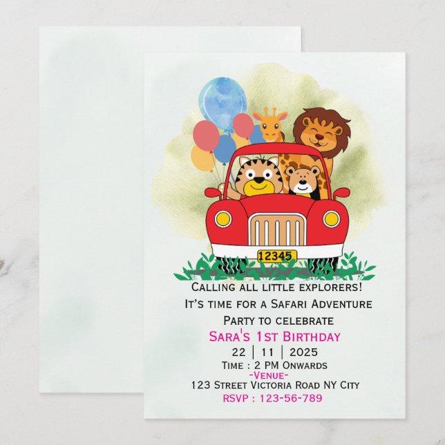 Convite de Aniversário Safari de Animais da Selva  (Frente/Verso)