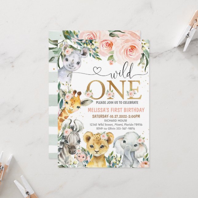 Convite de Aniversário Safari, Festa 1 Rapariga Se (Frente/Verso In Situ)