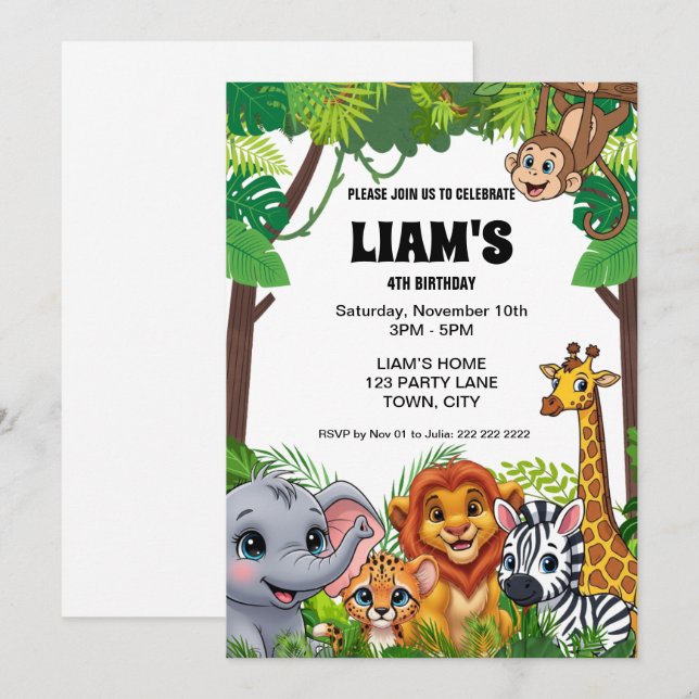 Convite de Aniversário Safari Jungle 5x7 (Frente/Verso)
