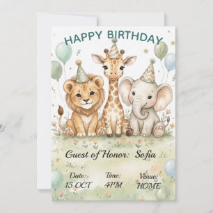 Convite de Aniversário Safari - Leão Girafa Elefan
