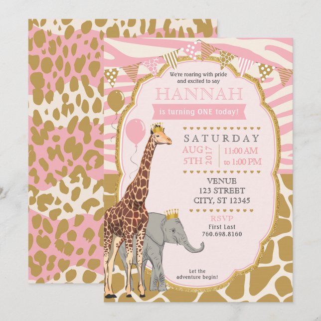 Convite de aniversário Safari - Rosa (Frente/Verso)