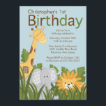 Convite de aniversário Safari Selgle Animal Kid<br><div class="desc">Comece a festa com o nosso convite de festas de aniversários de criança bonitinho com os mais doces animais da selva de safari com palmeira. Uma girafa de bebês, elefante, macaco, zebra e leão são certamente agradáveis à sua cara ou menina! Os animais da selva de safari modernos convites de...</div>