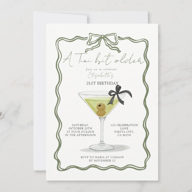 Convite de aniversário Sage Bow A Tini Bit Older (Frente)
