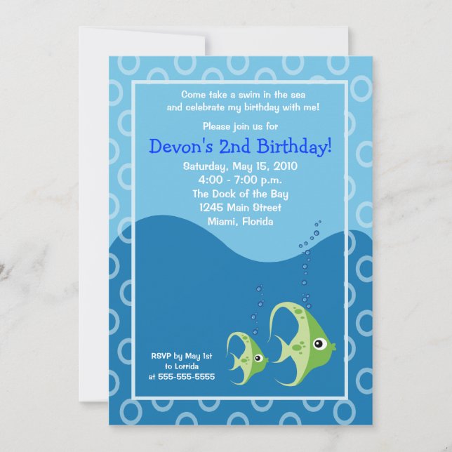Convite de Aniversário Sealife Green Fish 5x7 (Frente)