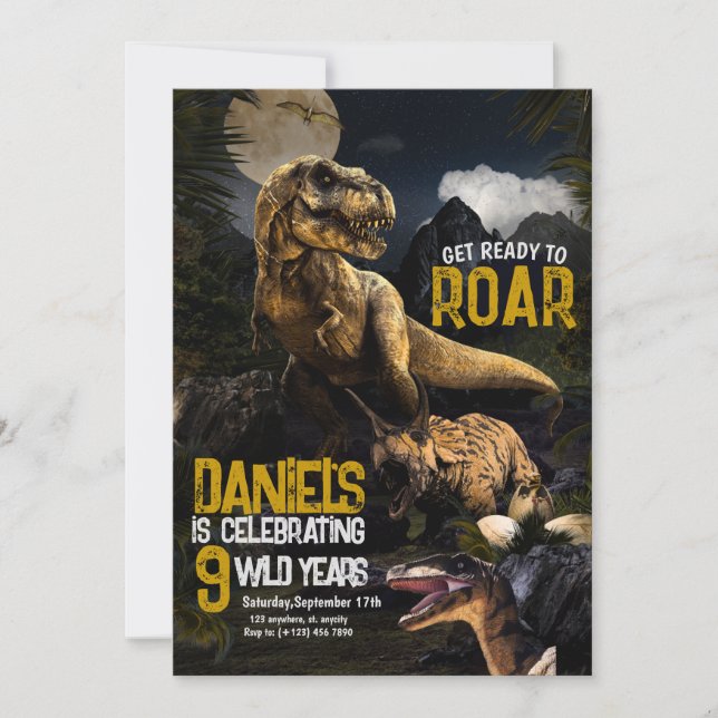 Convite de Aniversário Selvagem de Dinossauro Real (Frente)