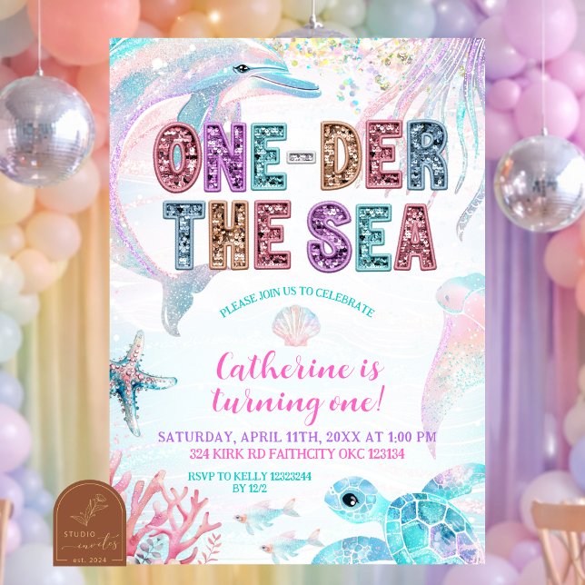 convite de aniversário sequin glitter ONEder o mar (Criador carregado)