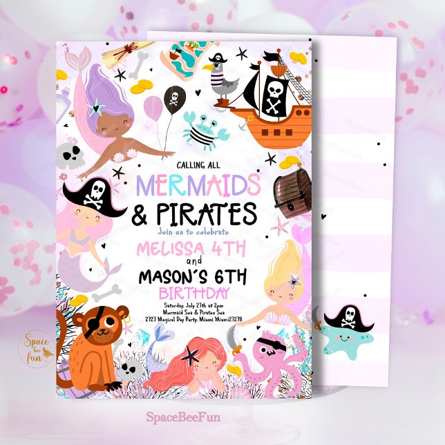 Convite de aniversário Sereia e Pirata em (Mermaid And Pirate,Birthday Party,Invitation Sibling's birthday party,Sea Mermaid,Party invite,Under)