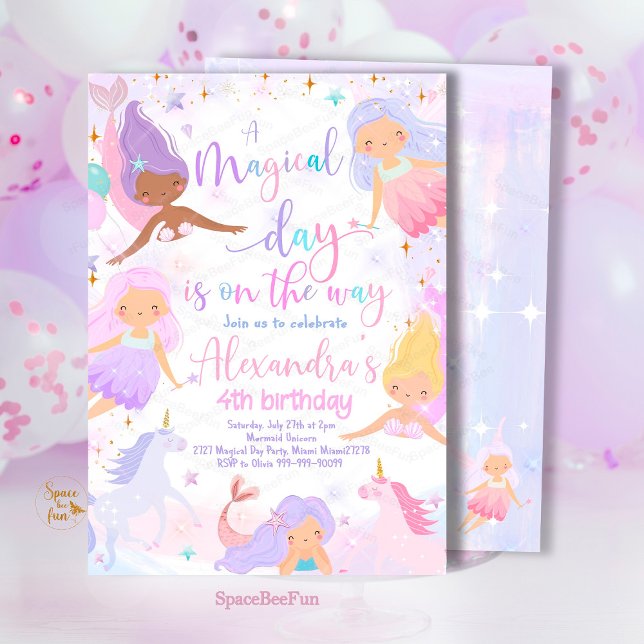 Convite de aniversário Sereia e Unicorn em (Mermaid and Unicorn magical,,Birthday Party,Invitation mermaid,Sea Mermaid,Party invite,Under The Se)