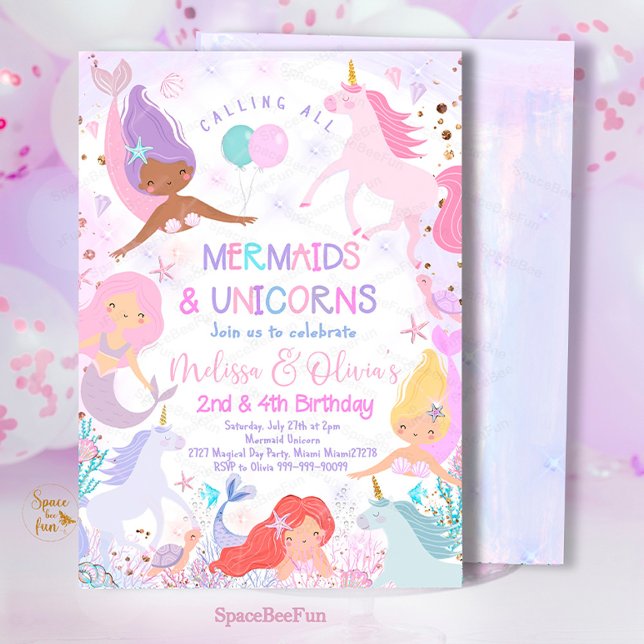 Convite de aniversário Sereia e Unicorn em (Mermaid and Unicorn magical,Birthday Party,Invitation mermaid,Sea Mermaid,Party invite,Under The Sea)