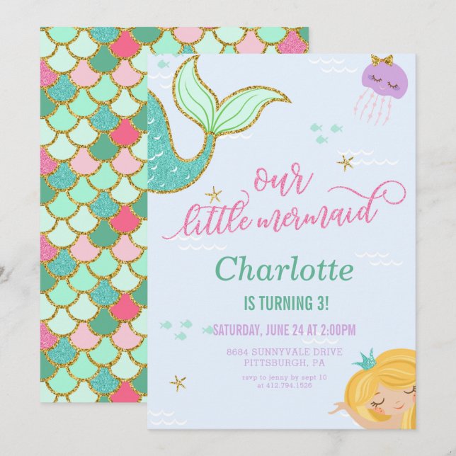 Convite de aniversário Sereia - Largura Dourada (Frente/Verso)