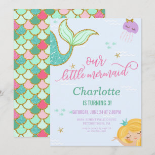 Convite de aniversário Sereia - Largura Dourada