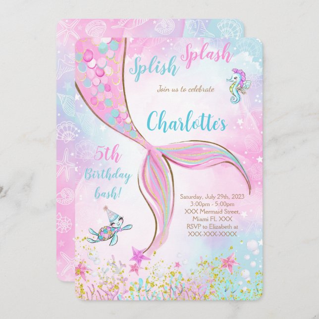 Convite de Aniversário Sereia Rosa (Frente/Verso)