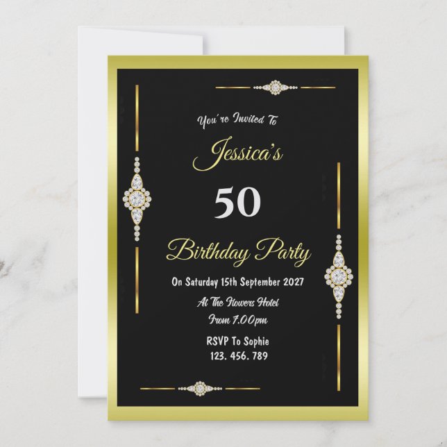 Convite de Aniversário Simétrico Dourado e Diamant (Frente)