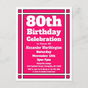 Convite de Aniversário Simples Rosa 80 anos em Car